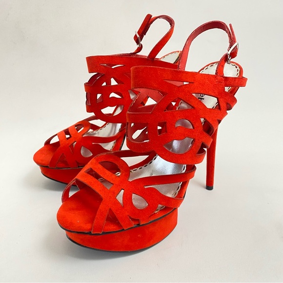BEBE Red Platform Heeled Sandals Pumps 7 M Open Toe Ankle Strap Heels Stiletto - Picture 7 of 14